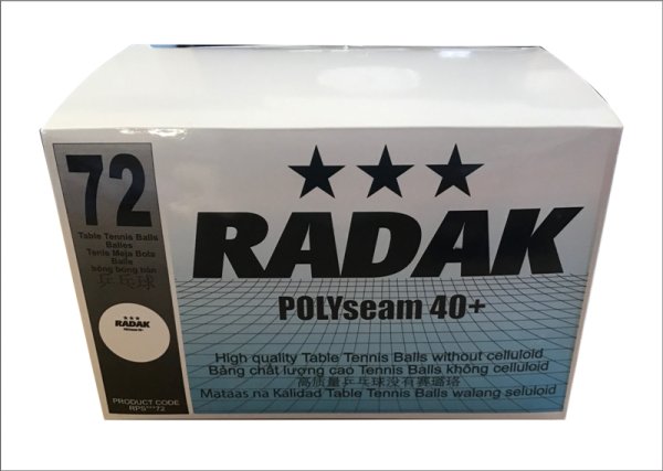 Radak Polyseam 3 star 40+ Plastic Balls, Box of 72
